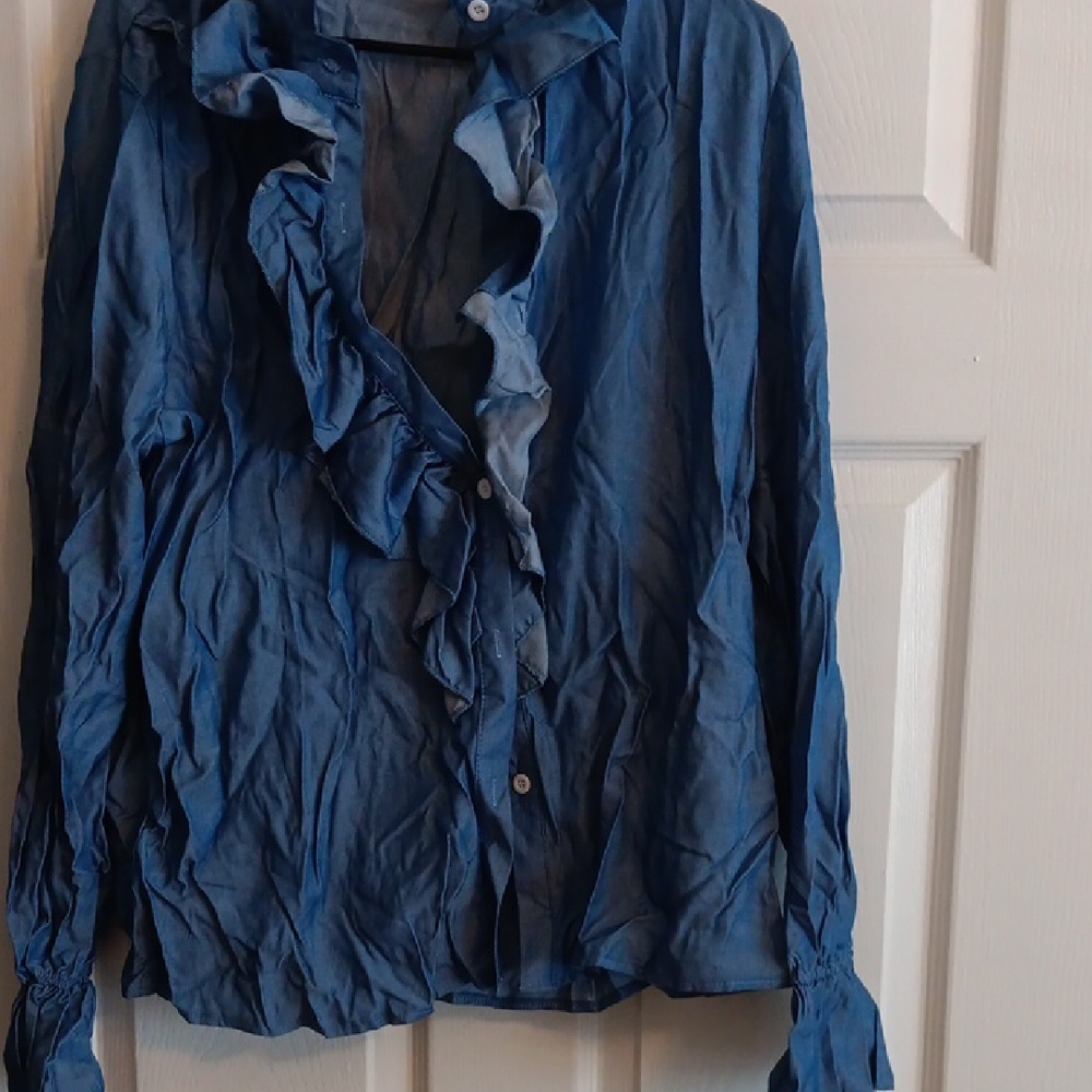 Blue Ruffled Button-Up Blouse